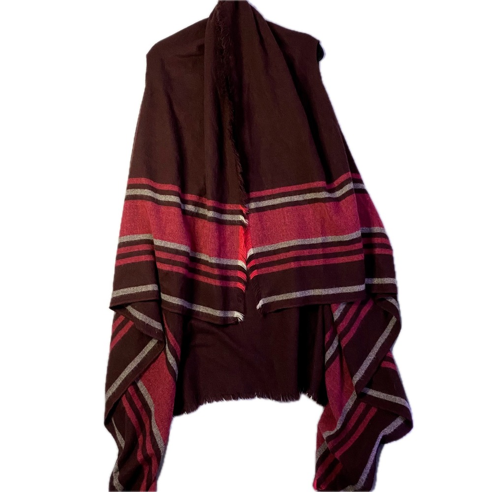 Aerie Wrap Vest Womens One Size Burgundy Red Striped Fringe Open Front